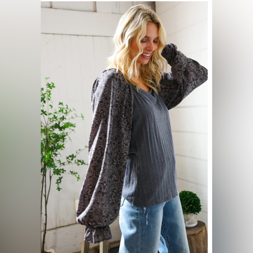 Sugarfox PLUS DARK GREY ROMANTIC SLEEVED BLOUSE